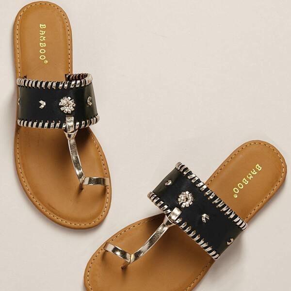 

Toe Ring Whip Stitch Band Flat Slide Sandals, Black