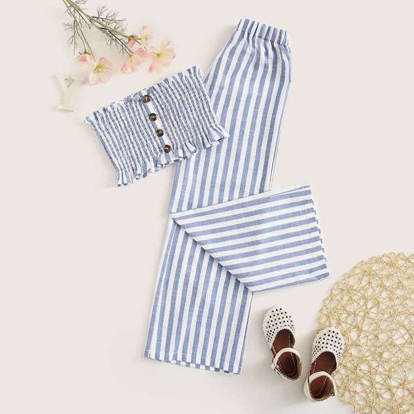 

Girls Striped Shirred Bandeau Top & Pants Set, Multicolor
