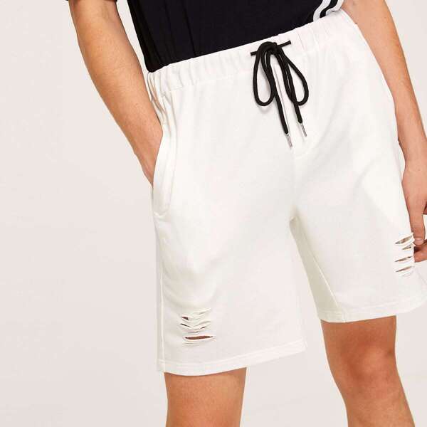 

Men Ripped Drawstring Waist Shorts, White