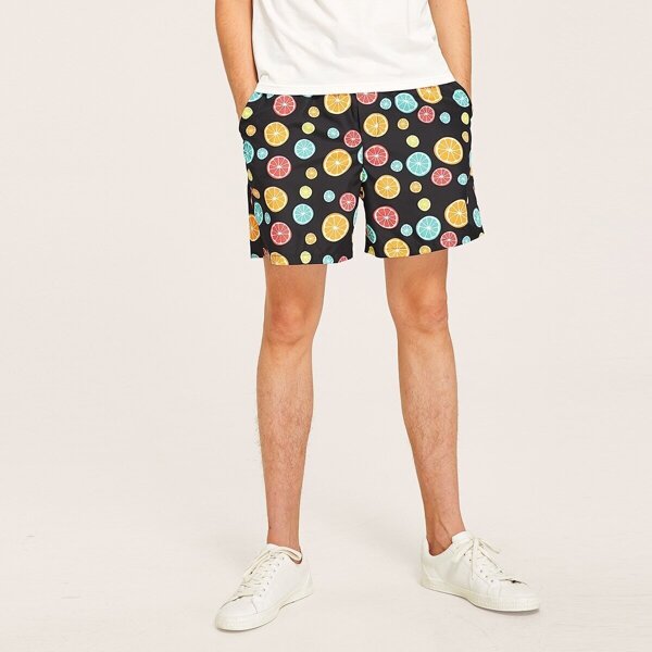 

Men Slant Pocket Lemon Print Shorts, Multicolor