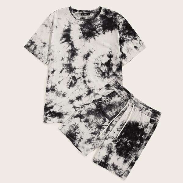 

Men Tie Dye Top & Drawstring Waist Shorts Set, Black and white