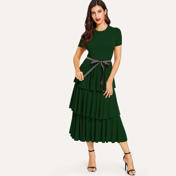 

Knot Front Layered Pleated Dress, Green
