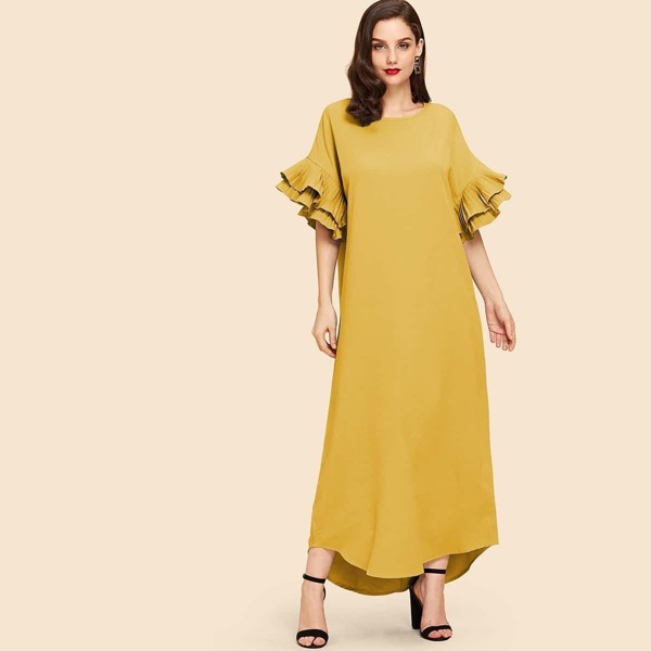 

Tiered Pleated Flounce Sleeve Curved Hem Belted Dress, Yellow
