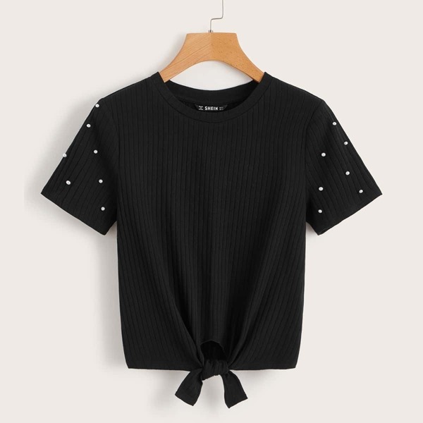 

Pearls Sleeve Rib-knit Knot Top