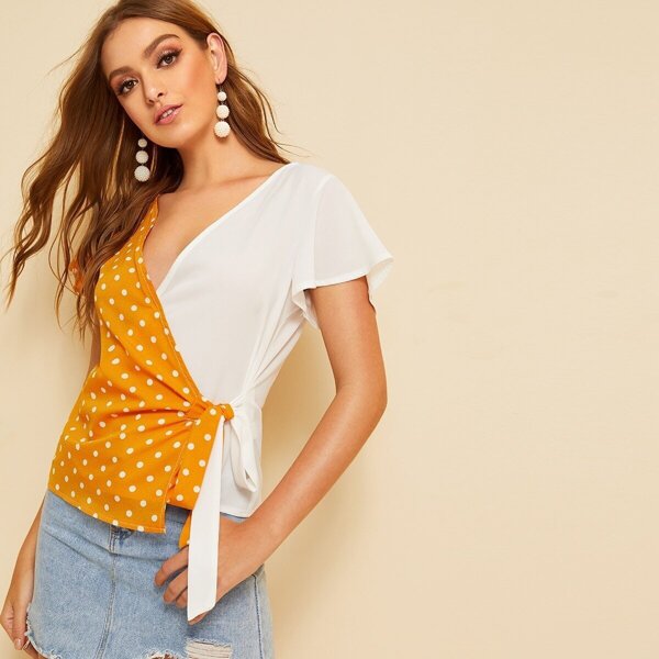 

Contrast Polka Dot Wrap Knot Side Blouse, Multicolor