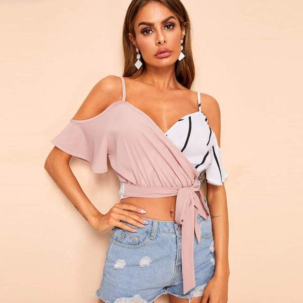 

Cold-shoulder Contrast Stripe Knot Front Blouse