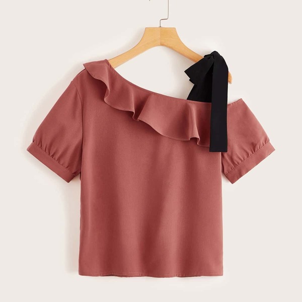 

Asymmetrical Neck Ruffle Trim Blouse, Red