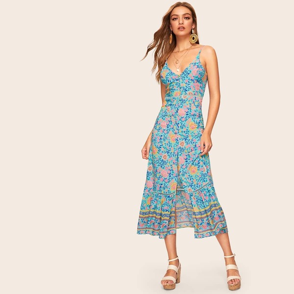 

Contrast Crochet Floral Print Button Front Cami Dress, Blue