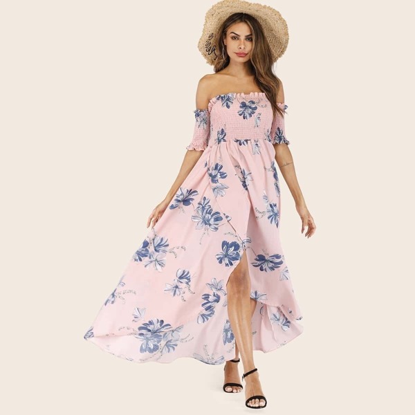 

Floral Print Shirred Off The Shoulder Dress