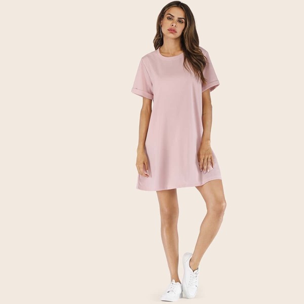 

Solid Rolled Cuff Tee Dress, Pink