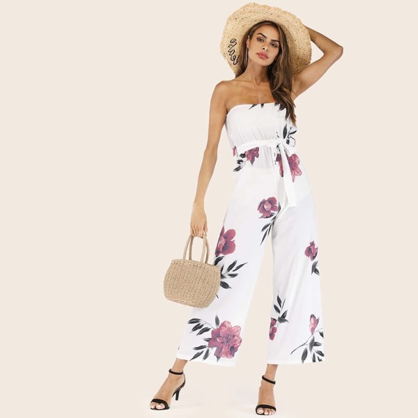 

Floral Print Belted Tube Jumpsuit, White