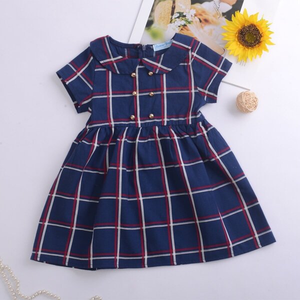 

Toddler Girls Peter Pan Collar Plaid A-line Dress, Navy blue