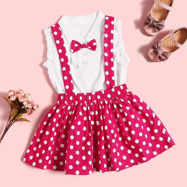 

Toddler Girls Frill Trim Bow Top With Polka Dot Skirt