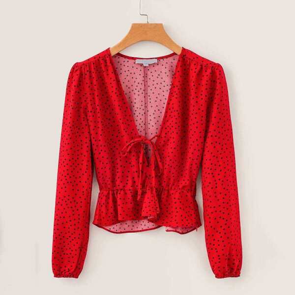 

Tie Front Polka Dot Peplum Blouse