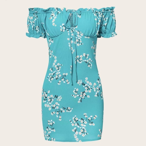 

Off-shoulder Floral Print Shirred Dress
