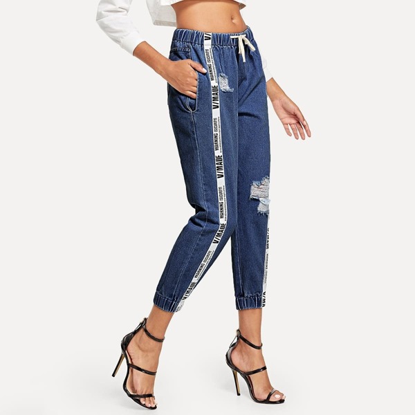 

Letter Print Drawstring Ripped Boyfriend Jeans