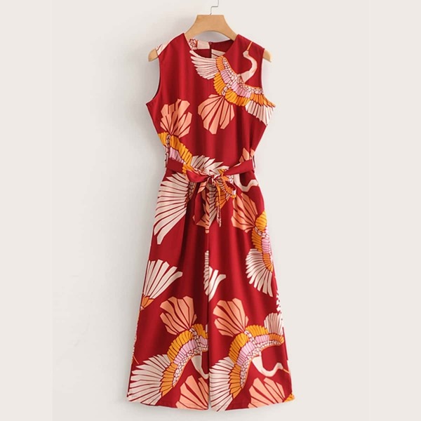 

Cranes Print Belted Wide Leg Jumpsuit