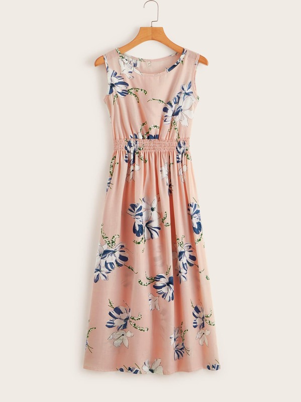 

Floral Print Elastic Waist Tank Dress, Pink