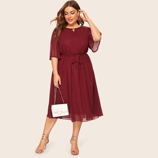 

Plus Solid Tie Waist Dress, Burgundy