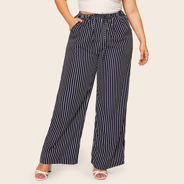 

Plus Striped Drawstring Waist Wide Leg Pants