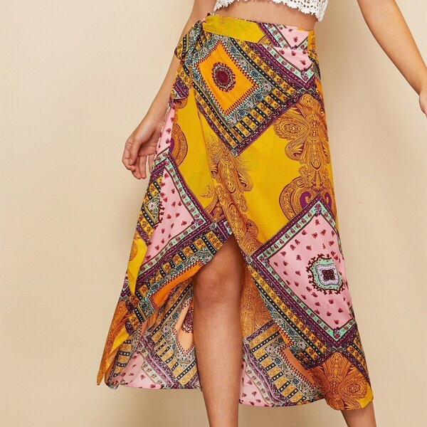 

Scarf Print Tulip Hem Wrap Skirt, Multicolor