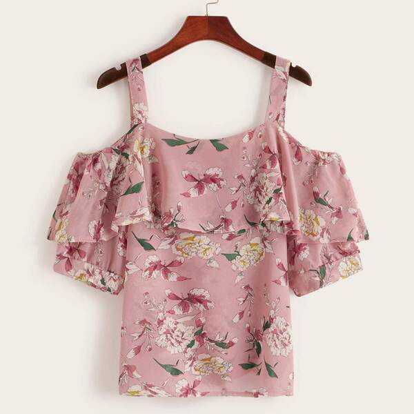 

Flounce Cold Shoulder Floral Blouse, Pink