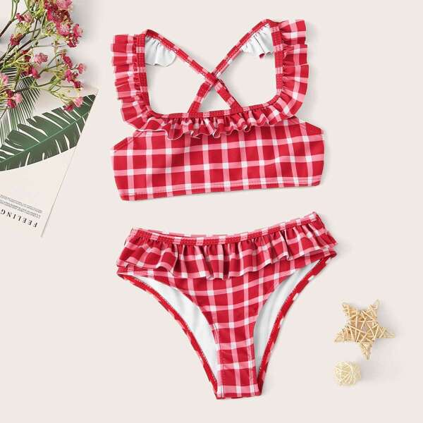 

Toddler Girls Gingham Criss-cross Ruffle Bikini Set