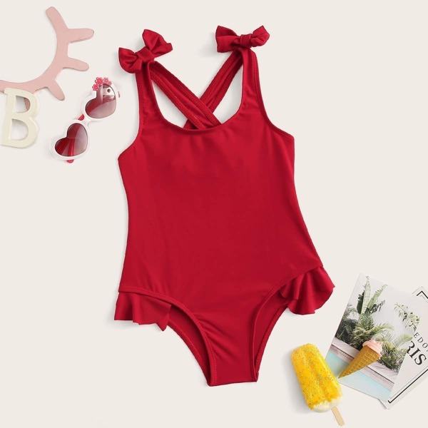 

Toddler Girls Ruffle Hem Bow Detail One Piece Swimsuit