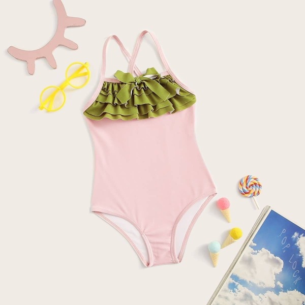 

Toddler Girls Contrast Tiered One Piece Swimsuit, Pink pastel