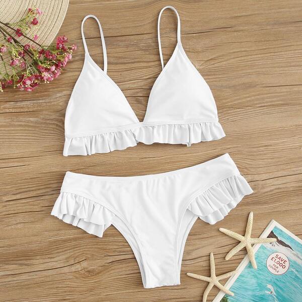 

Ruffle Hem Thin Strap Top With Seam Bikini Set