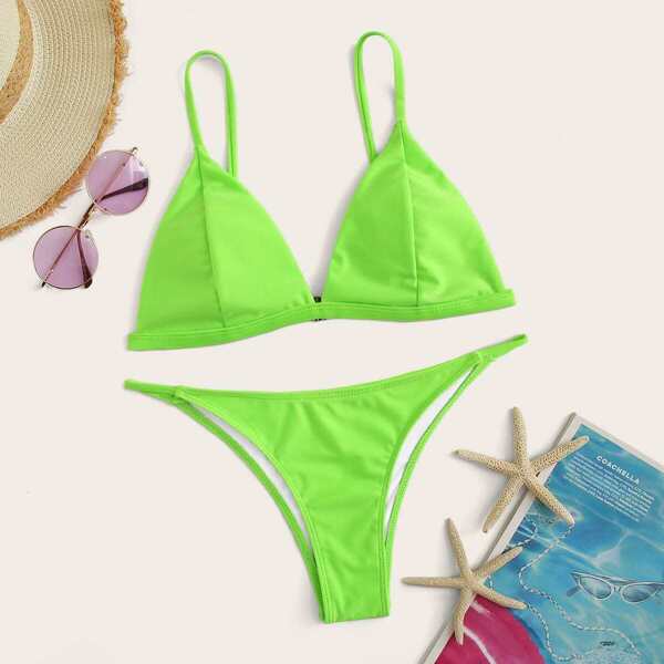 

Neon Lime Triangle Top With String Bikini Set, Green bright