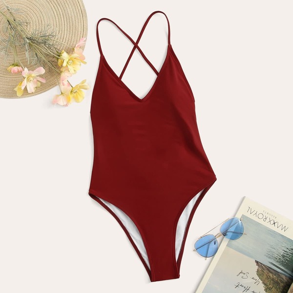 

Criss Cross Open Back One Piece Swimsuit, Burgundy