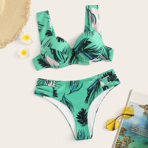 

Tropical Print Bustier Top With Cut Side Bikini Set