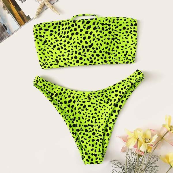 

Neon Lime Dot Print Lace-up Bandeau Bikini Set, Green bright