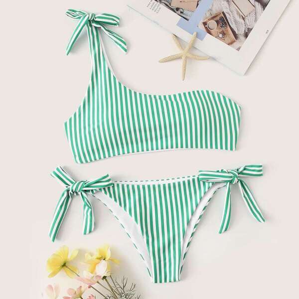 

One Shoulder Top With Tie Side Bikini Set