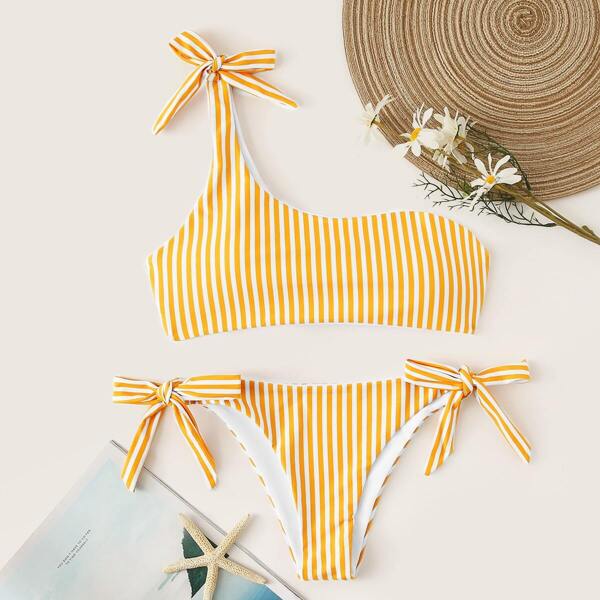 

One Shoulder Top With Tie Side Bikini Set, Yellow