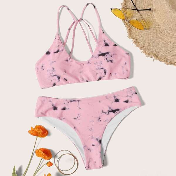 

Criss Cross Top With Marble Print Bikini Set