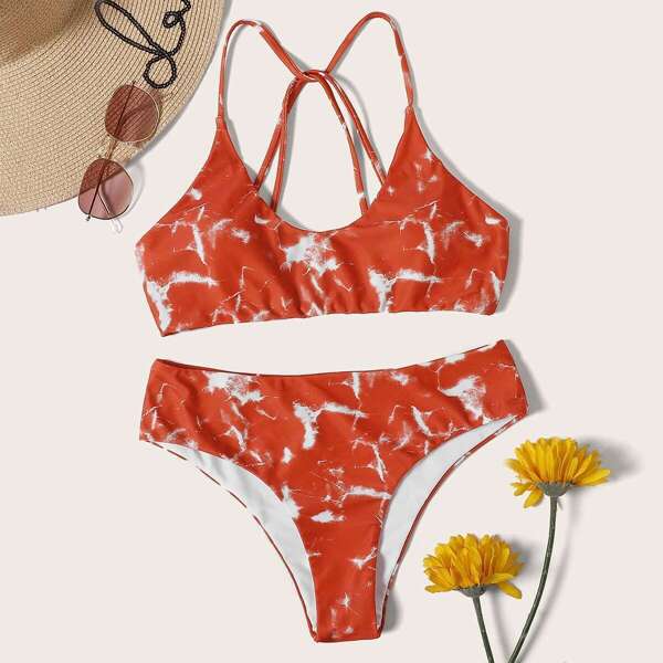 

Criss Cross Top With Marble Print Bikini Set, Red