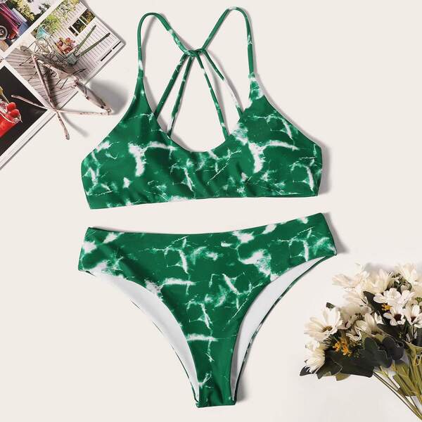 

Marble Print Criss Cross Top With Cheeky Bikini Set, Green