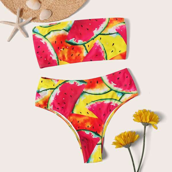 

Random Watermelon Print Bandeau Bikini Set