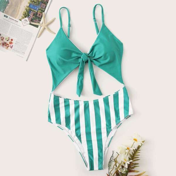

Striped Knot Front Cut-Out One Piece Swimsuit