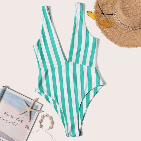 

Plunging Neck Striped One Piece Swimsuit