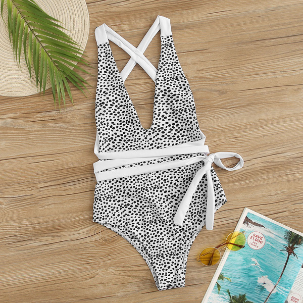 

Dot Print Self Tie Plunge One Piece Swimsuit