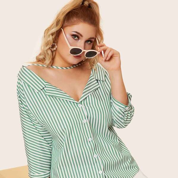 

Plus Drop Shoulder Button Striped Blouse