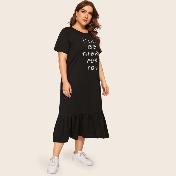 

Plus Slogan Graphic Ruffle Hem Dress, Black