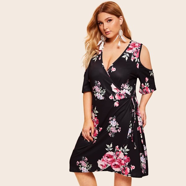 

Plus Cold Shoulder Floral Print Wrap Tie Side Dress, Black