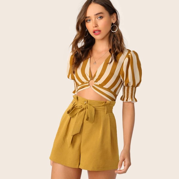 

O-ring Front Shirred Panel Striped Crop Top