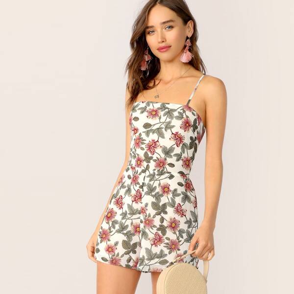 

Floral Print Crisscross Knot Backless Cami Romper