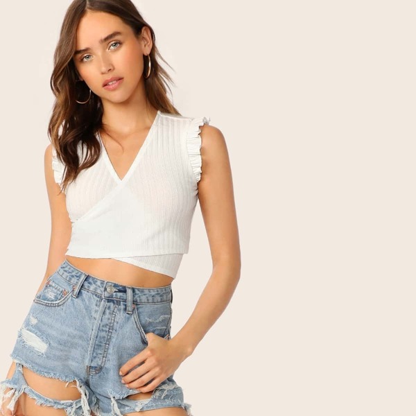 

Frill Trim Wrap Knot Back Crop Top