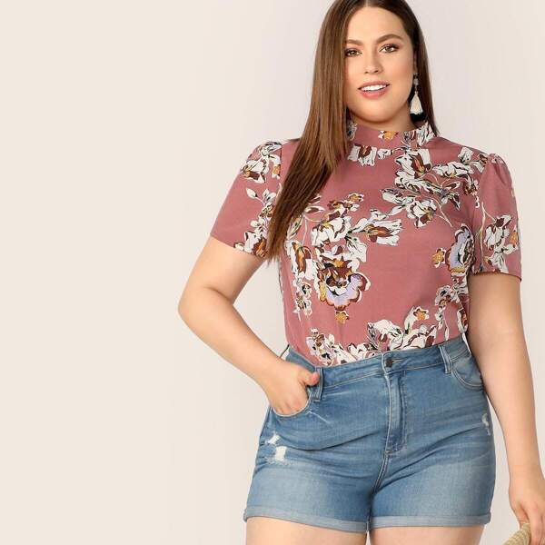 

Plus Keyhole Back Mock-neck Floral Print Top